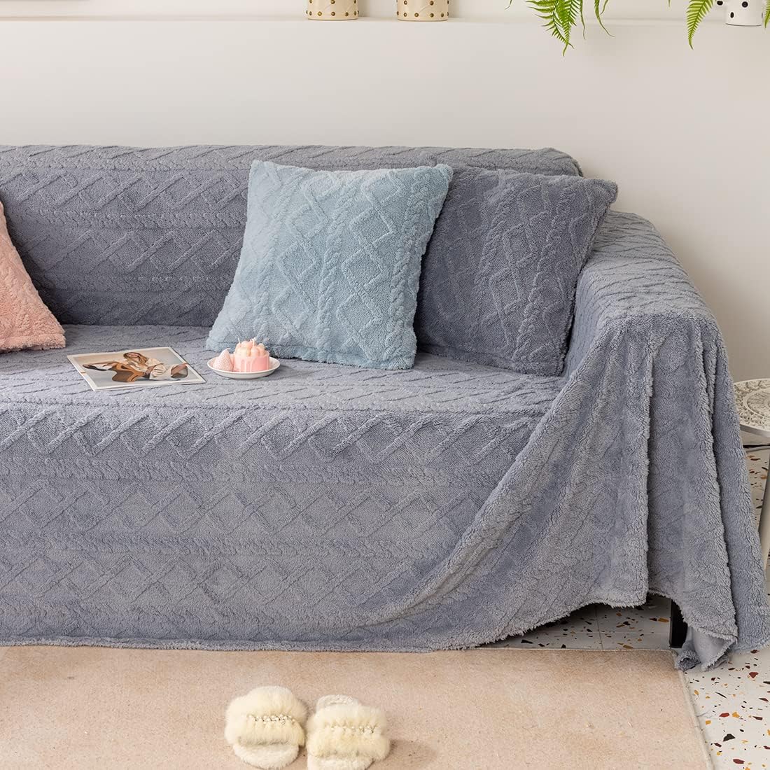 Soft Plush Sofa Couch Cover Boho Geometric Pattern Jacquard Sofa Slipcover Solid Color Lightweight Decorative Throw Blanket
