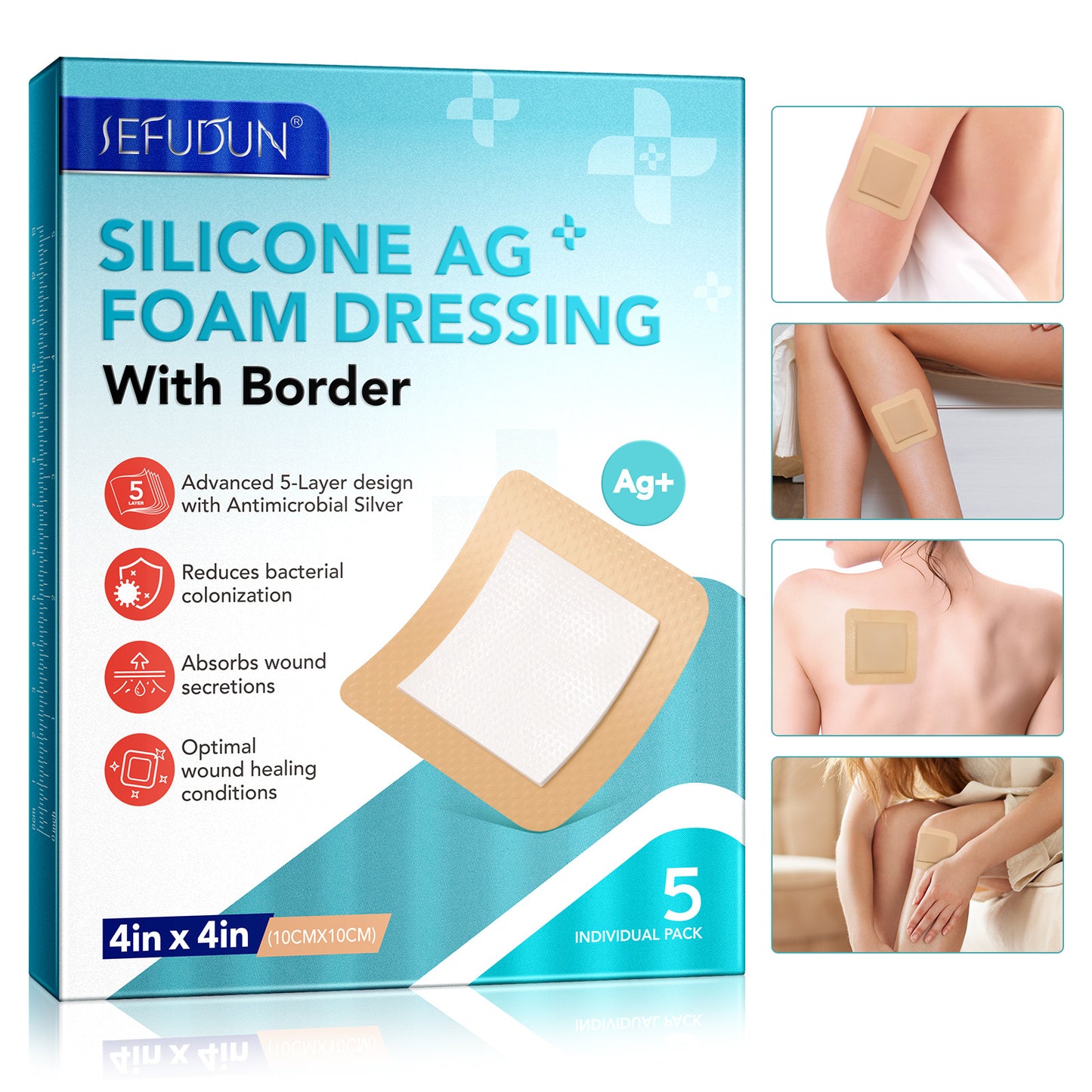 SEFUDUN - Silicone Foam Dressing Silver Ag+ Sterile Wound Bandage-Waterproof Absorben