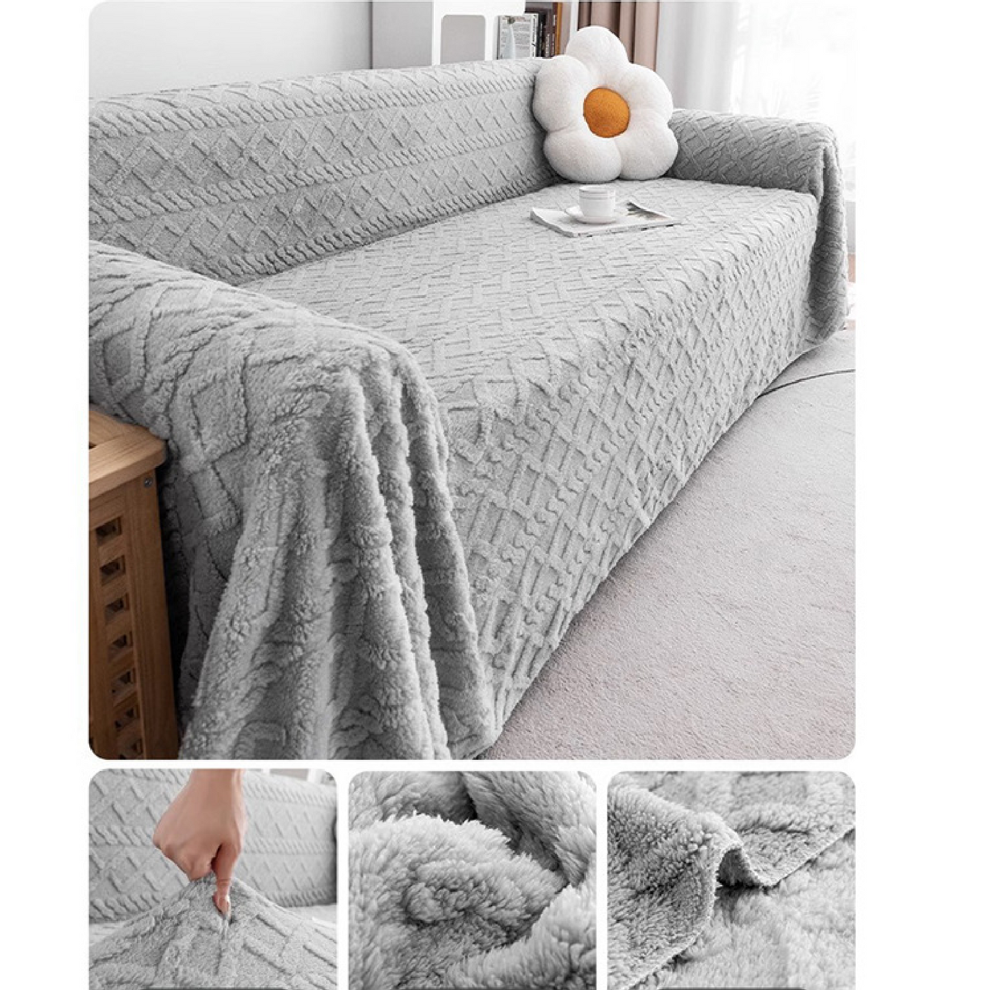 Soft Plush Sofa Couch Cover Boho Geometric Pattern Jacquard Sofa Slipcover Solid Color Lightweight Decorative Throw Blanket