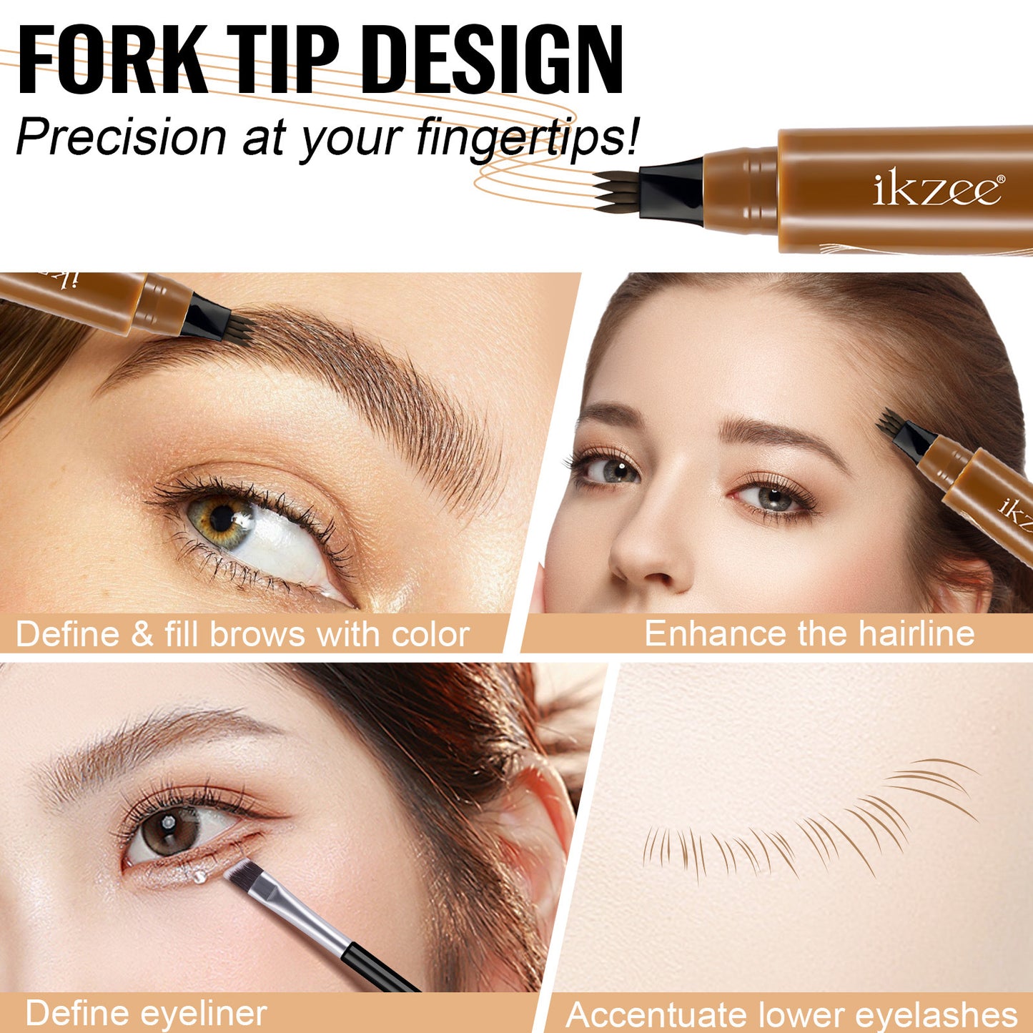 IKZEE - 4-Fork Eyebrow Pen Long-Lasting Waterproof and Sweat-Proof Natural Brows