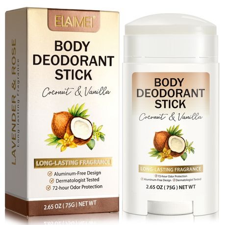 ELAIMEI Body Deodorant Stick Long Lasting Fragrance 72-hour Odor Protection - Coconut Vanilla - 2 Pack