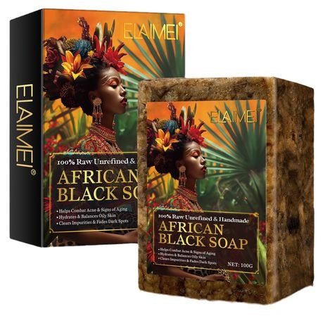 ELAIMEI African Black Soap Body Cleansing Exfoliating Handmade Soap - 2 Pack