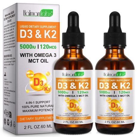 Hatmanlabs Liquid Vitamin D3 & K2 Drops With Omega 3 And MCT Oil - 60ml - 2 Pack