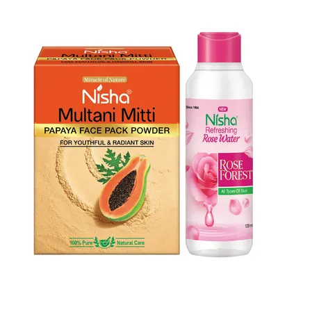 Nisha Multani Mitti Papaya Face Pack Powder & 120ml Rose Water Set