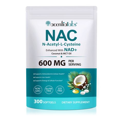Acentiallabs NAC 600mg with NAD+ & MCT Oil 300 Softgels - Unisex 2 Pack